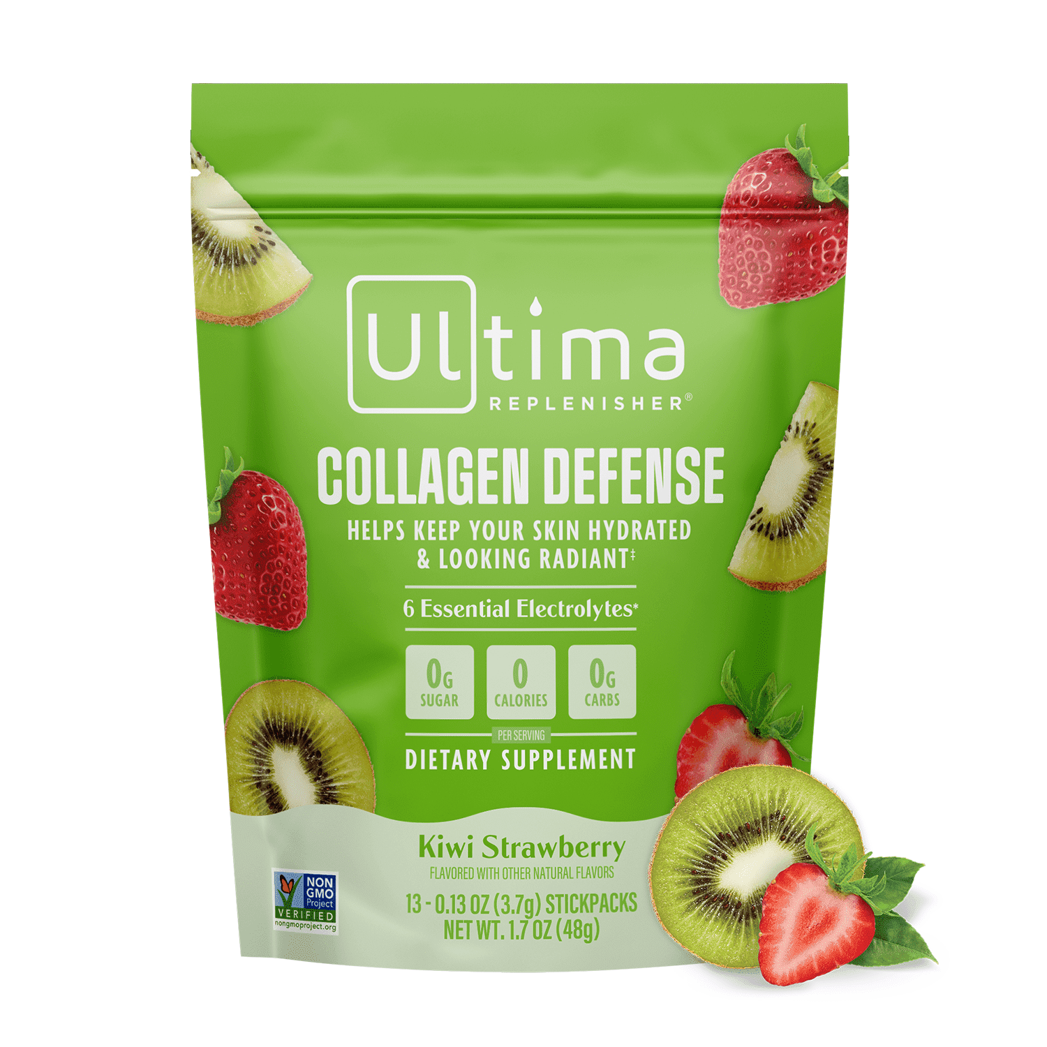 Ultima Replenisher Collagen Defense Supplement and Electrolytes Powder - Kiwi Strawberry, 13 Stickpacks - Hydration Packets with Dermaval and Biotin that Keep Your Skin Hydrated and Looking Radiant