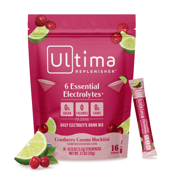 Ultima Replenisher Daily Electrolyte Powder Drink Mix - Sugar Free - Cranberry Cosmo, 16 Stickpacks - Hydration Packets with 6 Key Electrolytes and Trace Minerals – Keto Friendly, Non-GMO