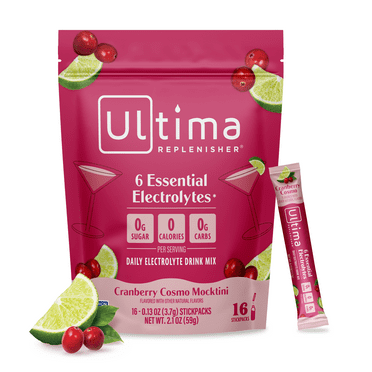 Ultima Replenisher Daily Electrolyte Powder Drink Mix - Sugar Free - Cranberry Cosmo, 16 Stickpacks - Hydration Packets with 6 Key Electrolytes and Trace Minerals – Keto Friendly, Non-GMO