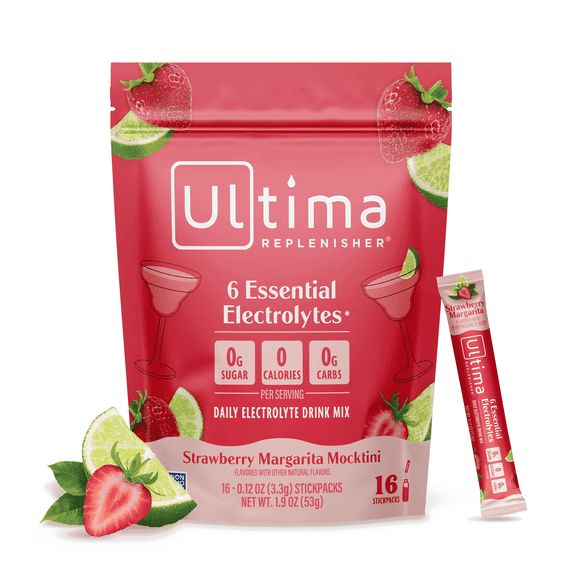 Ultima Replenisher, Electrolyte Drink Mix Packets, Sugar Free Daily Hydration Powder, Strawberry Margarita, 16 Count Stickpacks