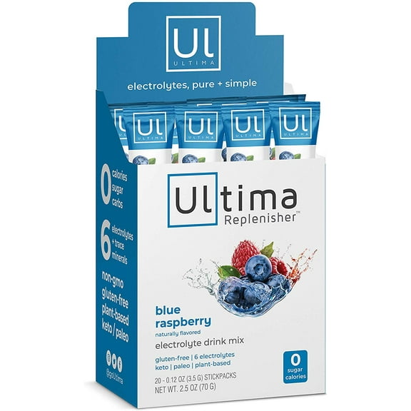 Ultima Replenisher Electrolyte Hydration Mix, Blue Raspberry, 20 Stickpacks - Sugar Free, 0 Calories, 0 Carbs - Gluten-Free, Keto, Non-GMO, Vegan -Magnesium, Potassium, Calcium, Sodium