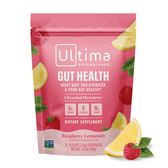 Ultima Replenisher Gut Health Supplement & Electrolytes Powder - Raspberry Lemonade, 14 Stickpacks - Hydration Packets with Added Gut Health Benefits
