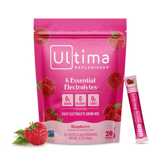 Ultima Replenisher, Electrolyte Drink Mix Packets, Sugar Free Daily Hydration Powder, Raspberry, 20 Count Stickpacks