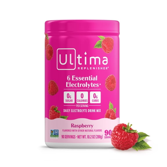 Ultima Replenisher, Electrolyte Drink Mix Powder, Sugar Free Daily Hydration Powder, Raspberry, 90 Servings