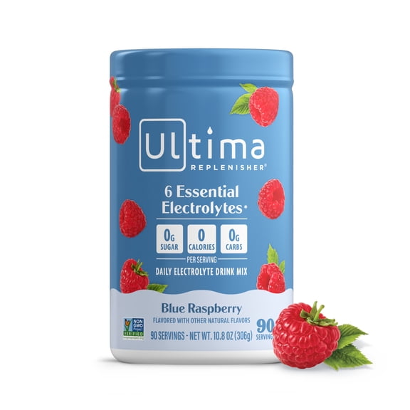 Ultima Replenisher, Electrolyte Drink Mix Powder, Sugar Free Daily Hydration Powder, Blue Raspberry, 90 Servings