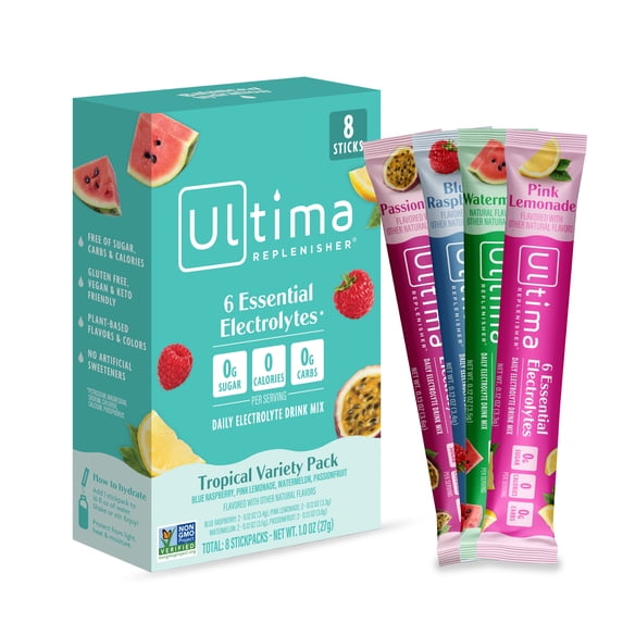 Ultima Replenisher, Electrolyte Drink Mix Packets, Sugar Free Daily Hydration Powder, Tropical Variety Pack, 8 Count Stickpacks