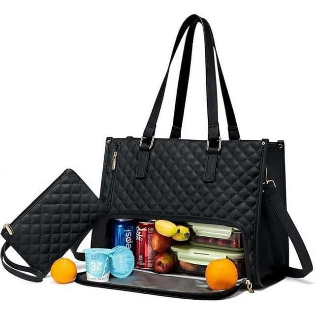 The Ultimate 2 in 1 Tote Bag Lunch Bag Combo, Large Tote Bag with Lunch Compartment, Lunch Tote Bag for Women, Convertible Laptop Bag Work Bag Handbag for Business, Office (Black)