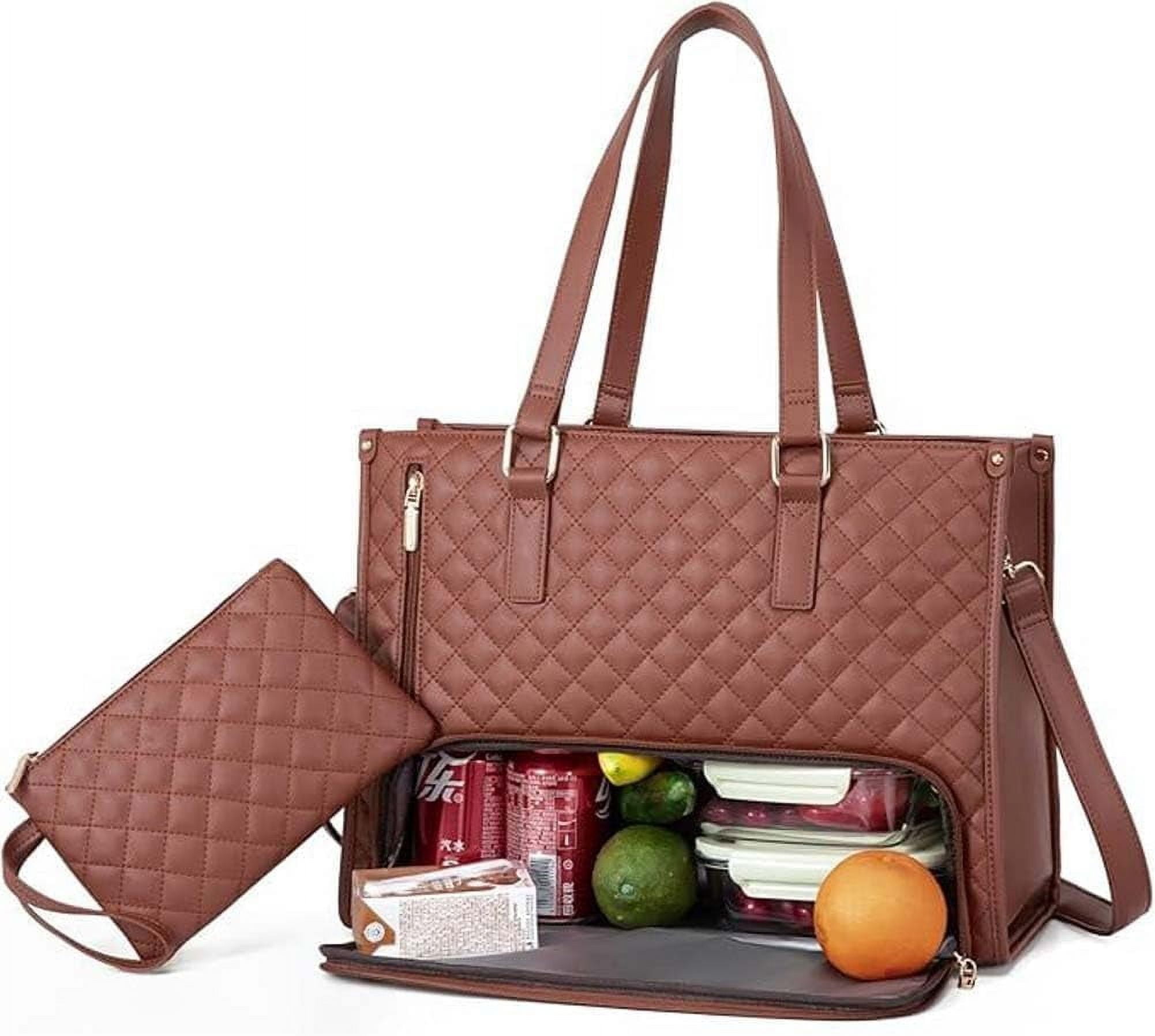 The Ultimate 2 in 1 Tote Bag Lunch Bag Combo, Large Tote Bag with Lunch Compartment, Lunch Tote Bag for Women, Convertible Laptop Bag Work Bag Handbag for Business, Office (Brown)