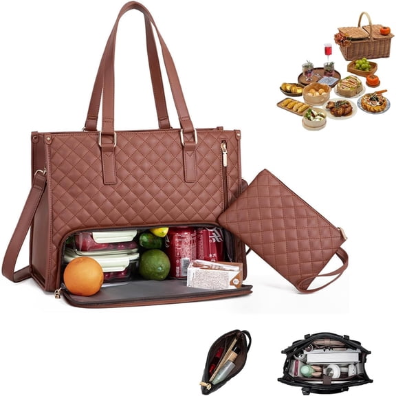 The Ultimate 2-in-1 Tote Bag, 2 in 1 Tote Bag Lunch Bag Combo, Leakproof Cooler Tote Bag with Storage Pocket, Quilted Large Capacity Computer Handbag with Purse for Business, Work (Brown)
