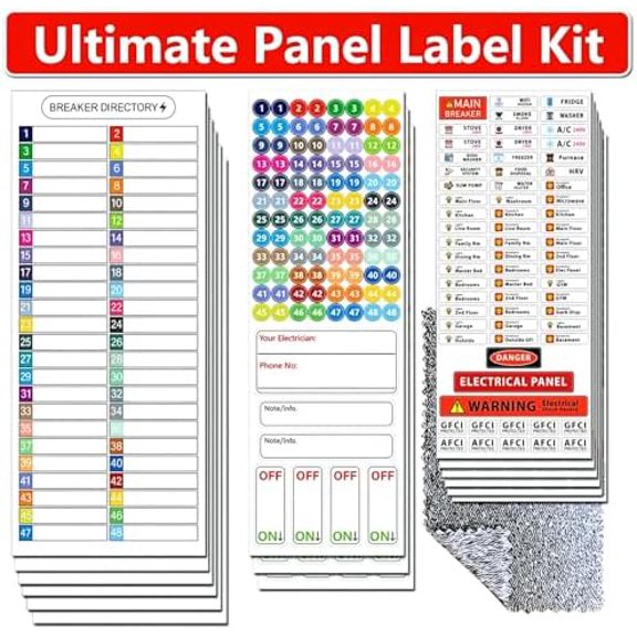 Ultimate 48 Circuit Electrical Panel Labels Kit with Cleaning Cloth, Waterproof Vinyl Breaker Labels & Directory Sheet, Tear Resistant Strong Adhesive, Easy Read Icons (Colors*48 Circuits (15 She
