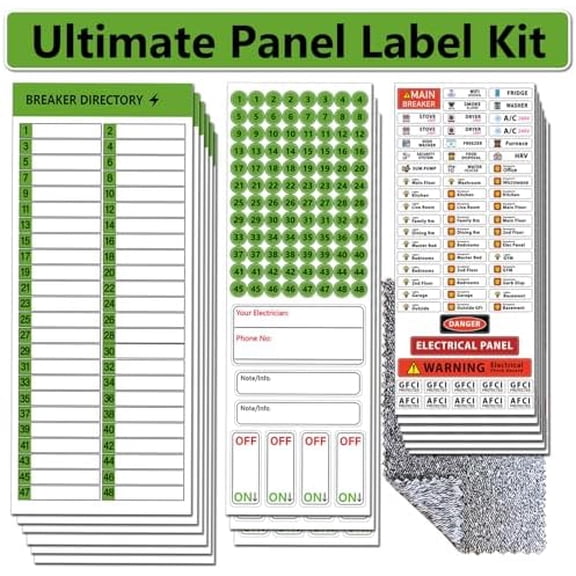 Ultimate 48 Circuit Electrical Panel Labels Kit with Cleaning Cloth, Waterproof Vinyl Breaker Labels & Directory Sheet, Tear Resistant Strong Adhesive, Easy Read Icons (Green*48 Circuits (15 Sheets))