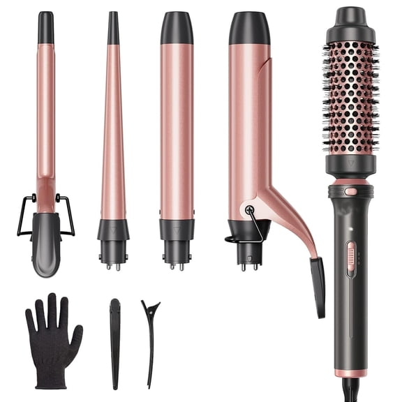 Ultimate 5-in-1 Hair Styling Kit with Thermal Brush and 4 Precision Ceramic Wands, Versatile Ionic Hair Curler for Bouncy Waves and Sleek Shine,Travel-Ready Dual Voltage Set, Includes Glove and Clips