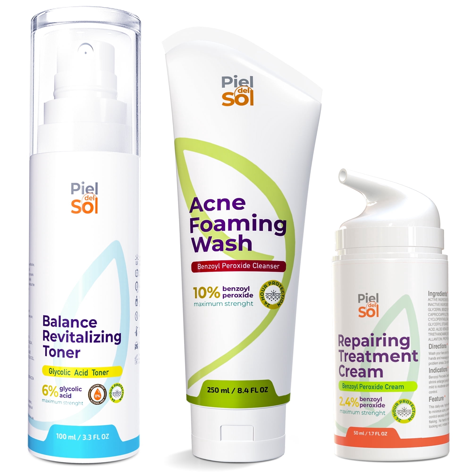 Piel del Sol Ultimate Acne and Skin Care Set with Cleanser, Toner, and Cream, Fragrance-Free, Alcohol-Free, 3 Piece Set