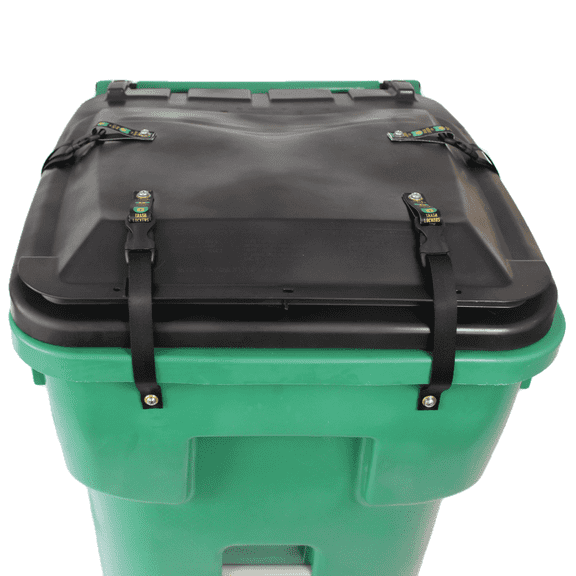 Ultimate Black Bear Trash Lock, Four Strap.  Certified Black Bear Resistant, Animal Proof existing Trash cans. Also Works for Wind, Squirrels, Raccoon, Opossum, and Other varmints/Critters