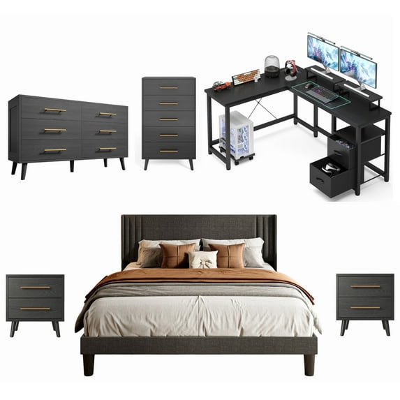 Ultimate Black Office/Gaming Bedroom Set: Complete Setup with L-Desk, King Bed Frame, 2 Nightstands and 2 Drawer Cabinets