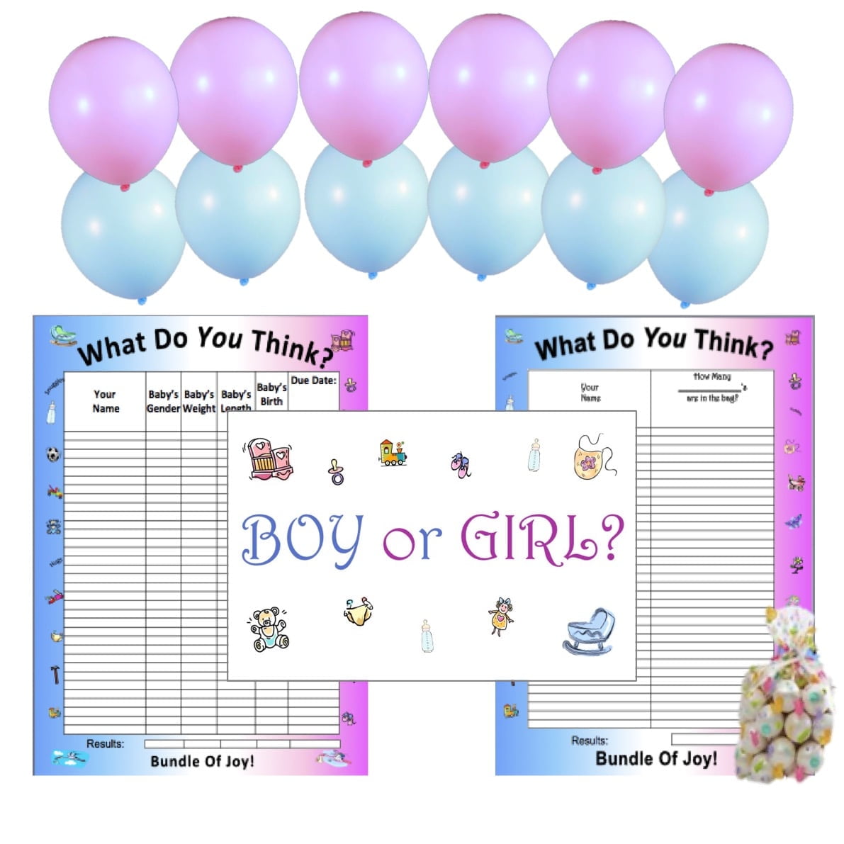 Boy or Girl? Baby Guessing Game and Keepsake, Medium-35 Players, 1 Candy or Toy Guessing Game, 6 Blue Balloons, 6 Pink Balloons, 1 - Boy or Girl PosterBundle Board Boutique
