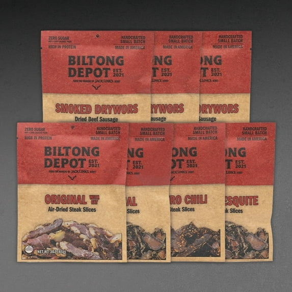 Biltong Depot Ultimate Carnivore Variety Pack (3oz, pack of 7): High Protein Snacks, No Sugar, Natural Dried Beef Jerky & Beef sticks
