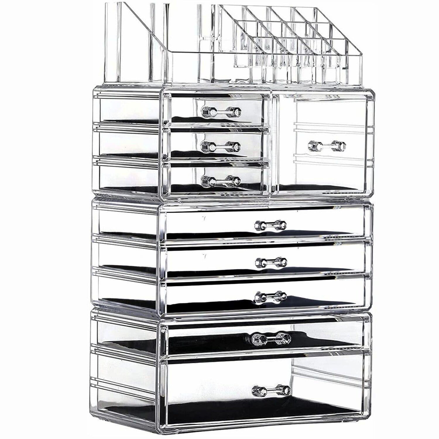 Ultimate Clear Cosmetic Organizer: 9-Drawer Stackable Makeup Storage Box for Vanity - Set of 4