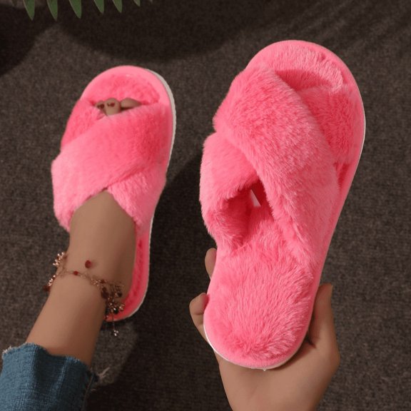 Ultimate Cozy Faux Fur Cross Band Slippers for Women – Soft Plush Open Toe Indoor Outdoor Memory Foam House Slides, Warm Fluffy Bedroom Sandals, Perfect Winter Holiday Gift