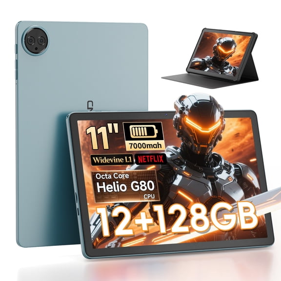 11inch Android 14 Tablet, MTK G80 Octa-Core 12GB RAM 128GB ROM Tablet Computer, 7000mAh Battery, 8+13MP Dual Camera, Widevine L1, Blue Android Tablet