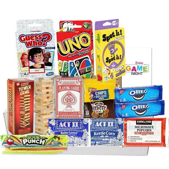 The Ultimate Game Night Gift Baskets for Family, Kids, Teens Adults Playing Cards Snacks Candy Gift Box for Teenage Birthday Great Family Games Movie Night or college, care package