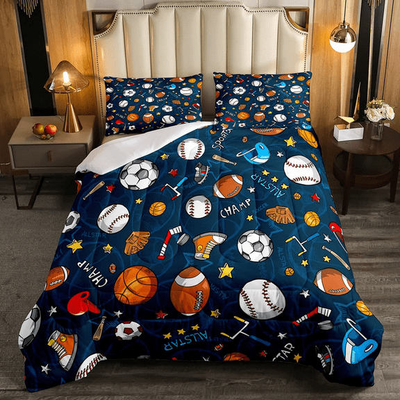 Ultimate Gift Idea: 3D Sports Comforter Set, Baseball Basketball Football Design for Kids Boys Adults Room, Twin/Full/Queen/King Size Blue