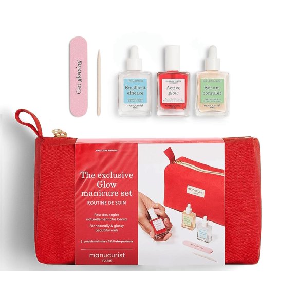 Ultimate Glow Manicure Set - As Seen on QVC - Nail Care Routine in Red Pouch: Active Glow Raspberry, Complete Serum, Cuticle Softener, 3 Boxwood Sticks & Mini Nail File - Travel Essentials
