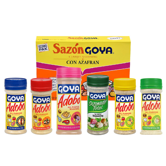 Ultimate Goya Seasoning Box 7-Pack Variety: Five Adobo favorites All Purpose with Pepper , Without Pepper , with Sazn, Lemon & Pepper, and with Cumin plus two Sazn classics