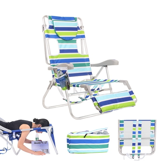 Ultimate Heavy Duty Folding Backpack Beach Chair for Adults with Face Hole and Foot Rest | Lay Flat, 5 Reclining Positions | Removable Insulated Cooler Pouch | 300 lbs Weight Capacity
