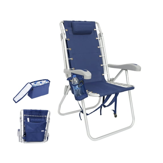 Ultimate Heavy Duty High Seat Aluminum Folding Backpack Beach Chair for Adults | Lay Flat, 5 Reclining Positions | Removable Insulated Cooler Pouch | 300 lbs Weight Capacity