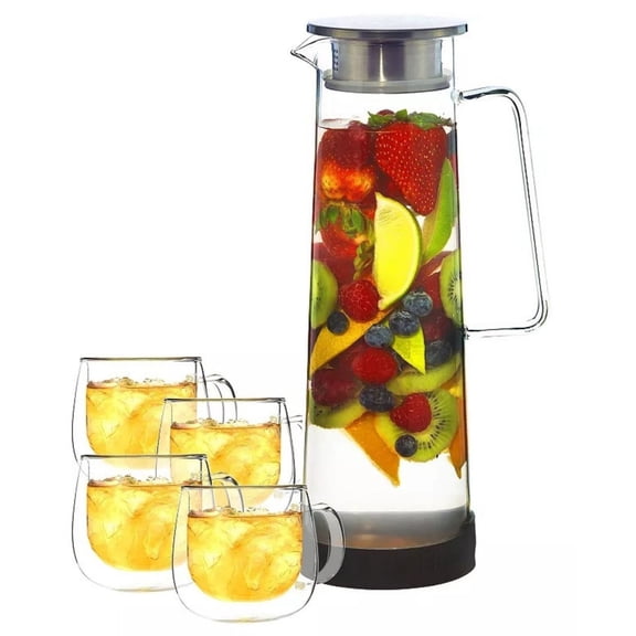 Ultimate-Infusion Pour Share Set: Bali Water Infuser Pitcher with 2 Sets of Fresno Glass Mugs