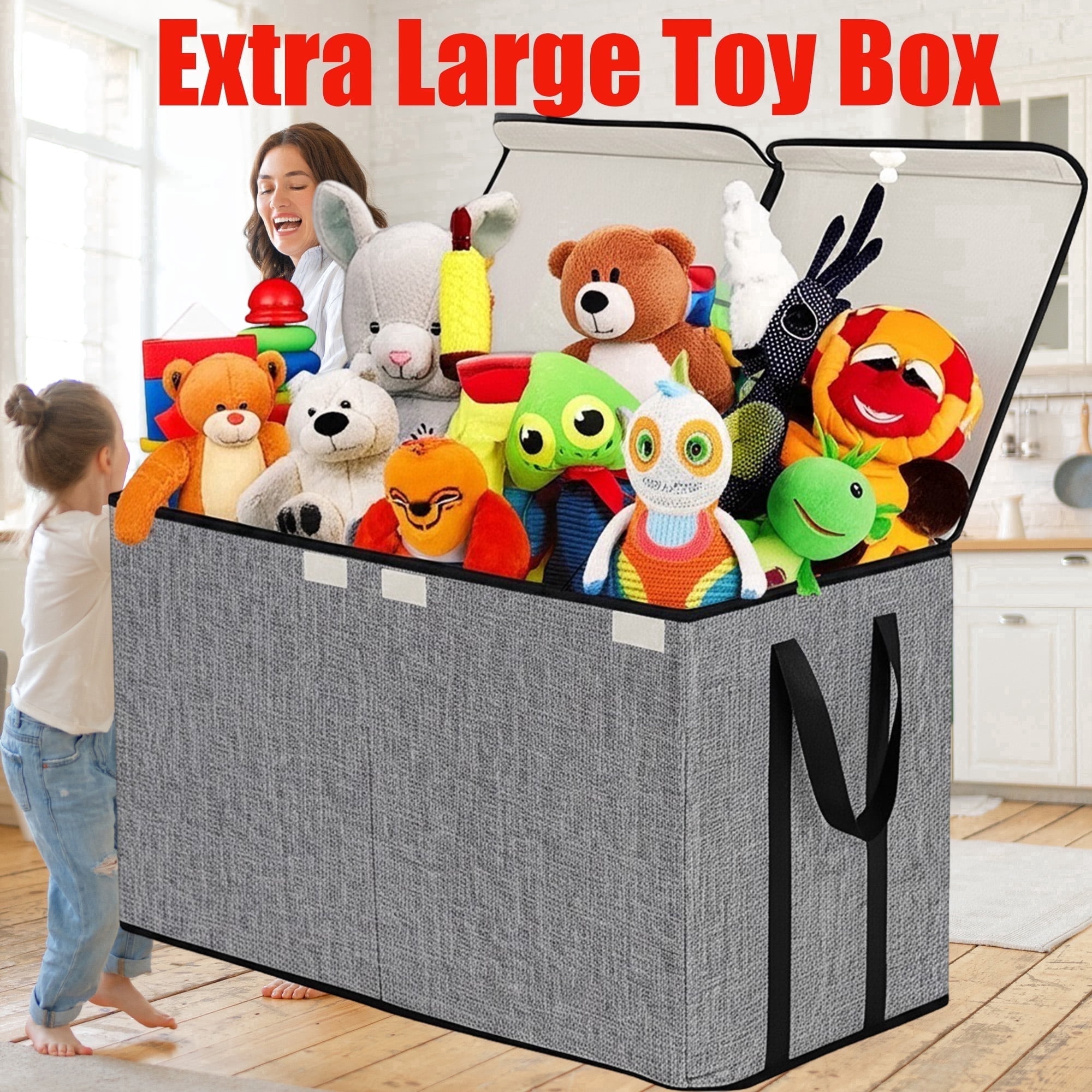 VICTORICH Extra Large Child Collapsible Toy Storage Fabric 32 gal Kids Room Toy Chest with Lid, Gray