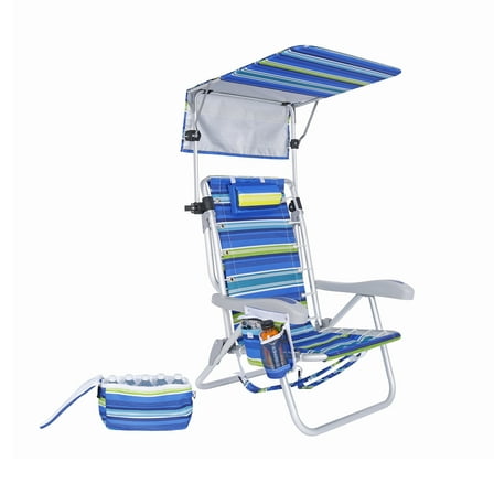 Ultimate Low Seat Heavy Duty Aluminum Lace-Up Folding Backpack Beach Chair for Adults with Canopy Shade | Lay Flat, 5 Reclining Positions | Removable Insulated Cooler Pouch | Canopy UPF 50+