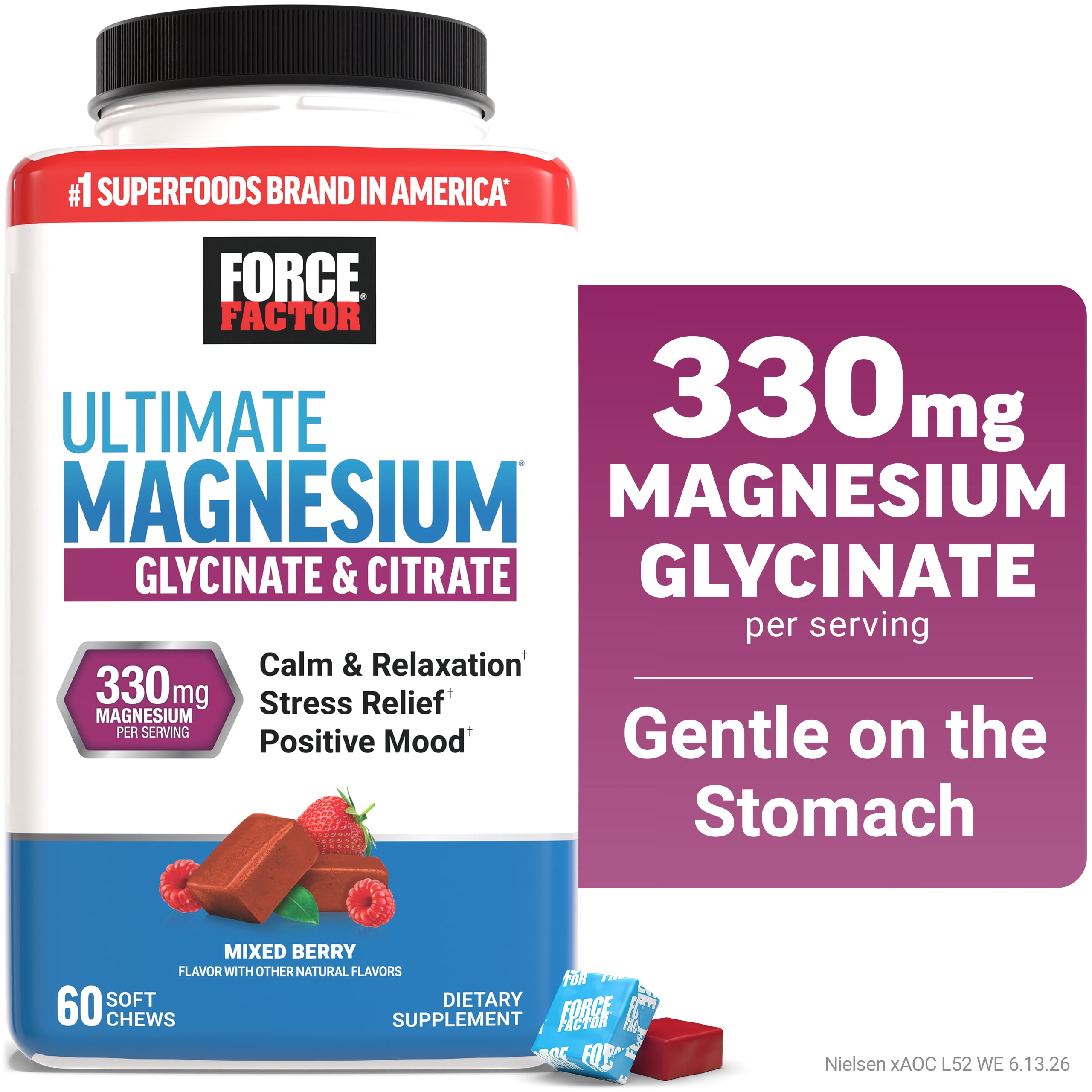 Force Factor Ultimate Magnesium, 330mg Magnesium Glycinate & Citrate to Promote Calm & Relaxation, Vegan & Gluten Free, Mixed Berry, 60 Soft Chews