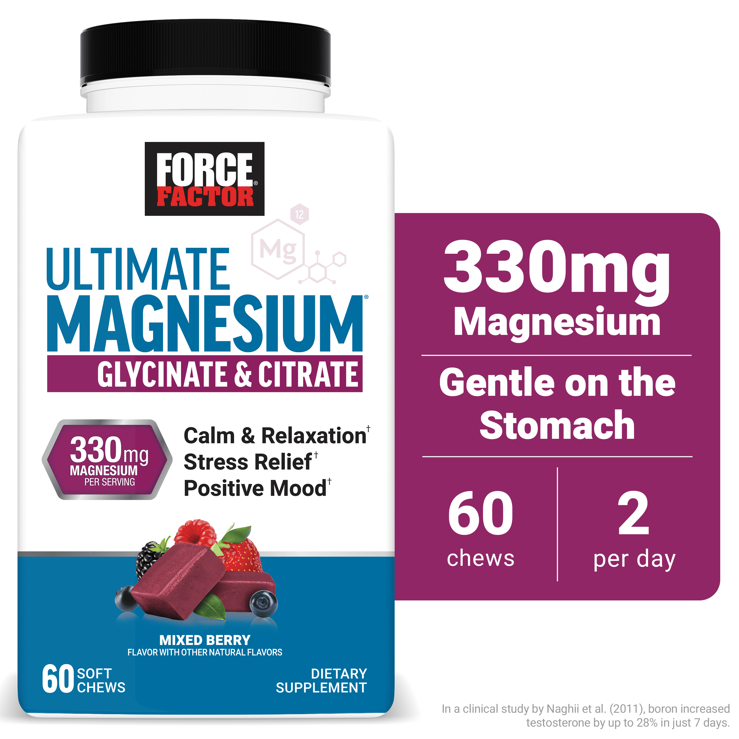 Ultimate Magnesium, 330mg Magnesium Glycinate & Citrate, Gummies Alternative Supplement, Support Calm, Relaxation, Vegan & Gluten Free, Mixed Berry Flavor, 60 Soft Chews by Force Factor