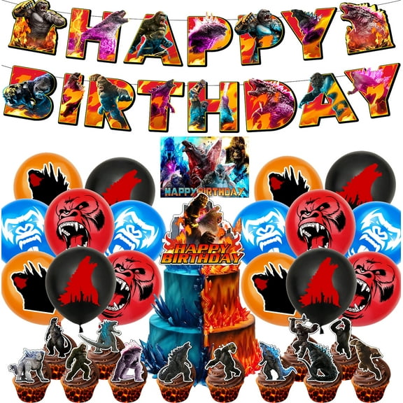 Ultimate Monster Battle Birthday Bash Set: Mega Banner, Family Backdrop, Giant Cake Topper + 12 Mini Toppers, 16 Balloons - Easy Setup!