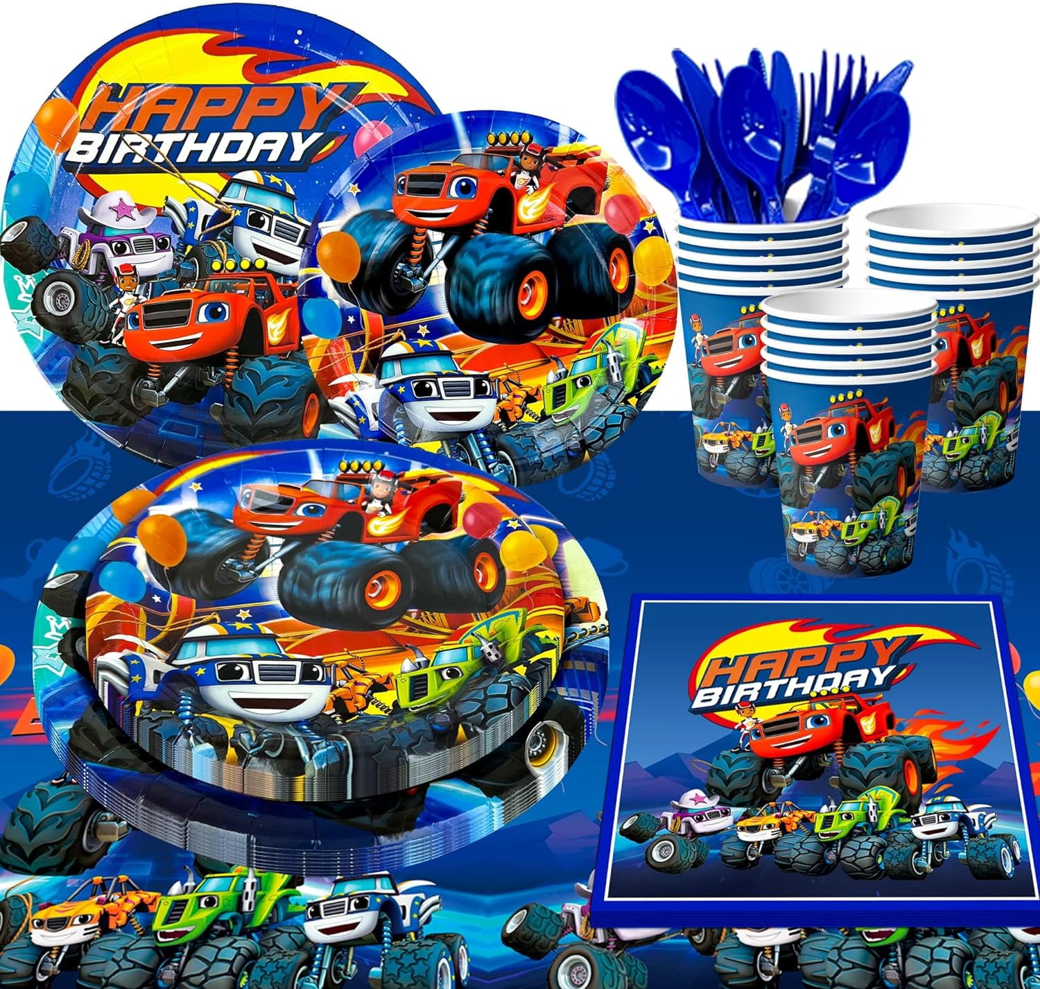 Ultimate Monster Truck Birthday Party Supplies Set 113pcs Tableware, Plates, Napkins & Cups
