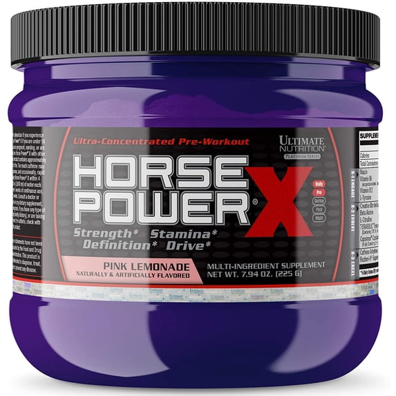 Ultimate Nutrition Horse Power X, Concentrated Pre Workout Supplement, Creatine and Vitamin B12, Low Carb, Support Strength, Pink Lemonade, 7.94oz (225g)