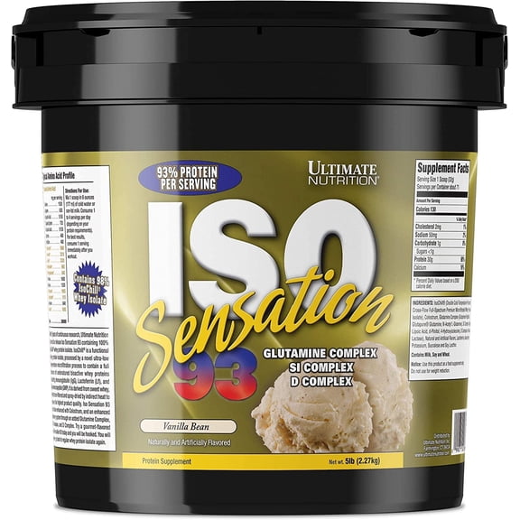 Ultimate Nutrition Iso Sensation 93 with Glutamine, Whey Protein Isolate Powder, 30 Grams of Protein, Low Carb Protein Shakes, Keto Friendly, 5 Pounds, Vanilla Bean Flavoured