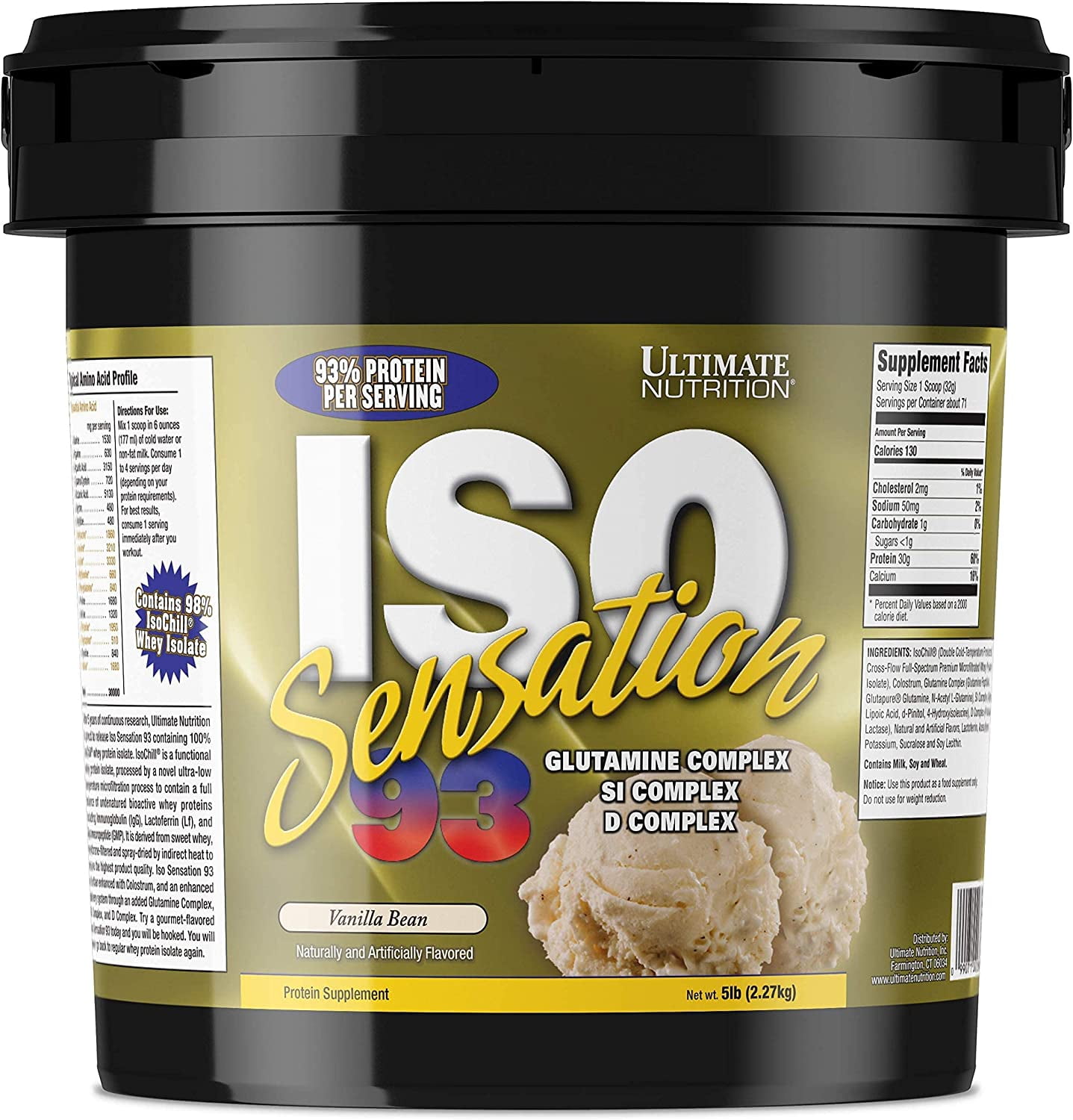 Ultimate Nutrition Iso Sensation 93 with Glutamine, Whey Protein Isolate Powder, 30 Grams of Protein, Low Carb Protein Shakes, Keto Friendly, 5 Pounds, Vanilla Bean Flavoured
