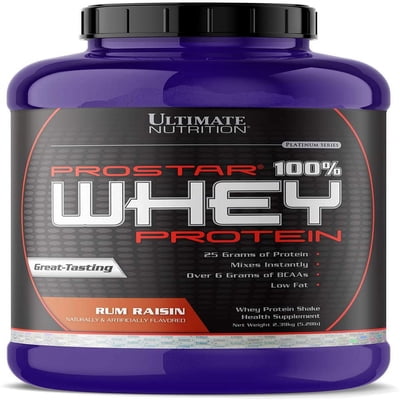 Ultimate Nutrition Prostar Whey Protein Powder, Low Carb Protein Shake with Bcaas, Blend of Whey Protein Isolate Concentrate and Peptides, 25 Grams of Protein, Keto Friendly, 5 Pounds, Rum Raisin
