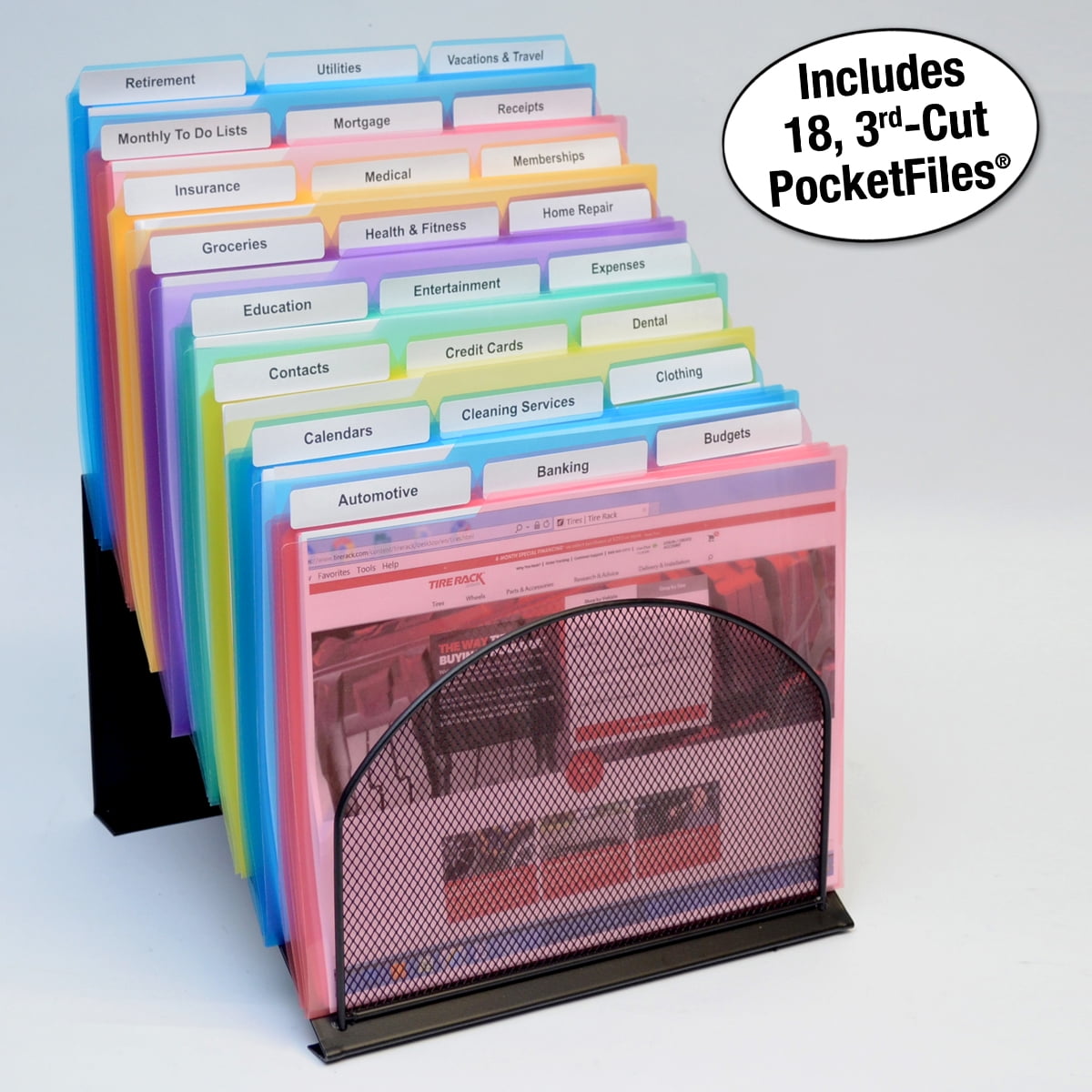 Black Wire Mesh 8-Compartment Desktop Organizer with Clear PocketFiles