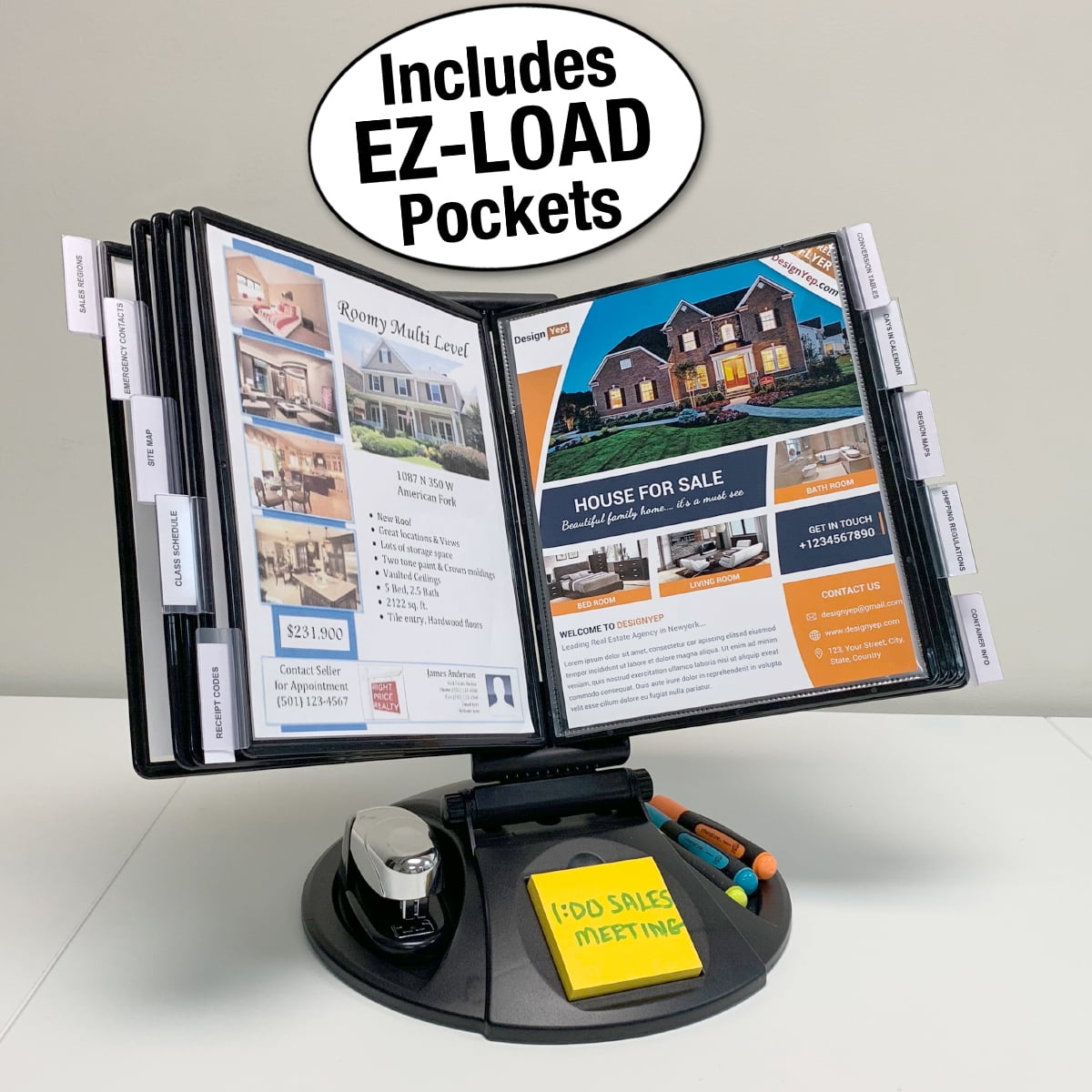 Black Adjustable 10-Pocket Desk Organizer with Storage Base