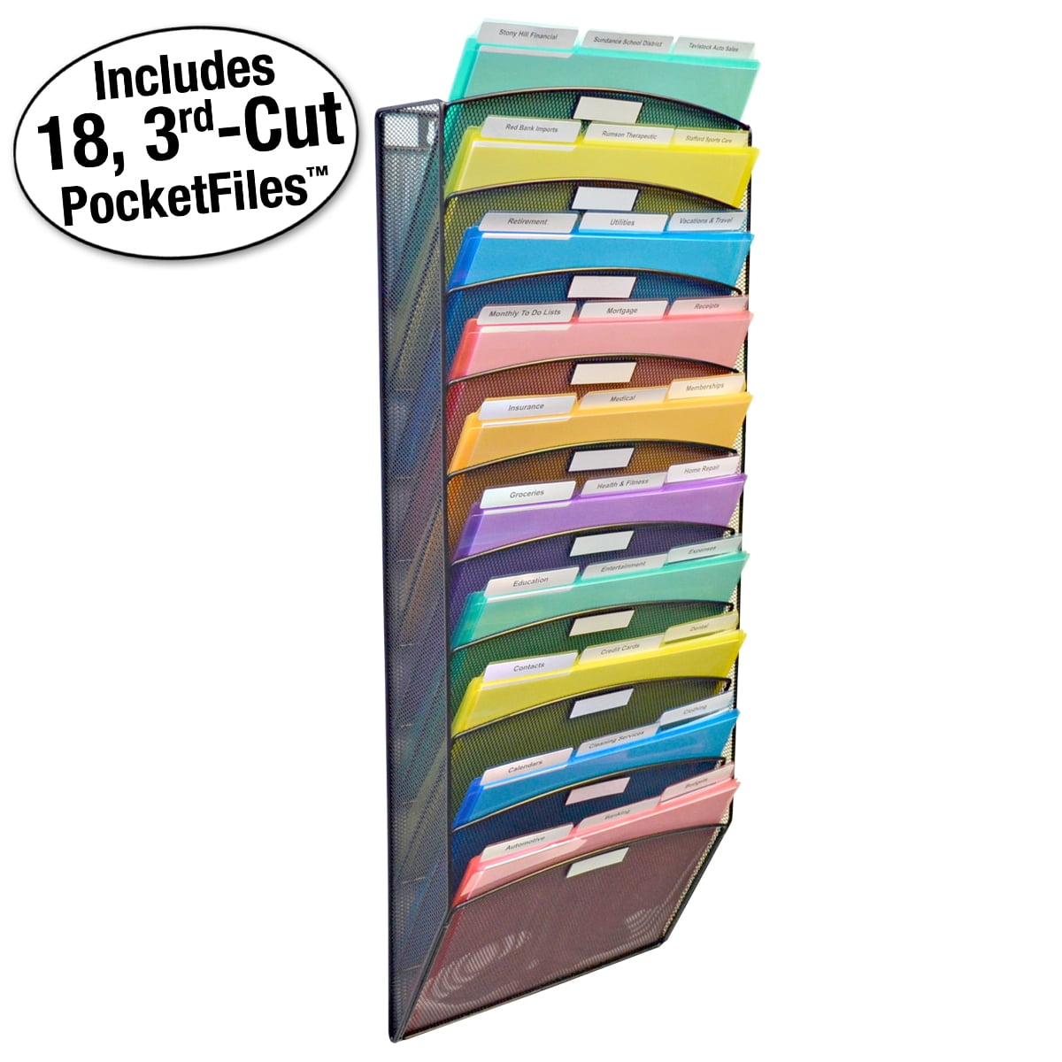 Black Steel 10-Tier Wall Mount File Organizer with Assorted Color PocketFiles