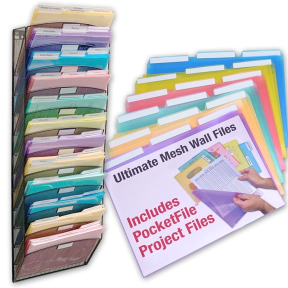 Ultimate Office Mesh Wall File Organizer, 12 Tier Vertical Mount Hanging File Sorter. Multipurpose Display Rack Includes 18, 3rd Cut PocketFile Clear Document Folder Project Pockets (Black)