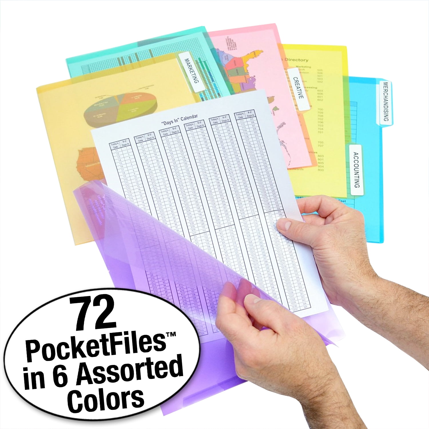 Ultimate Office PocketFile™ Clear Poly Document Folder Project Pockets, 3rd-Cut, Letter Size, in 6 Assorted Colors, Set of 72