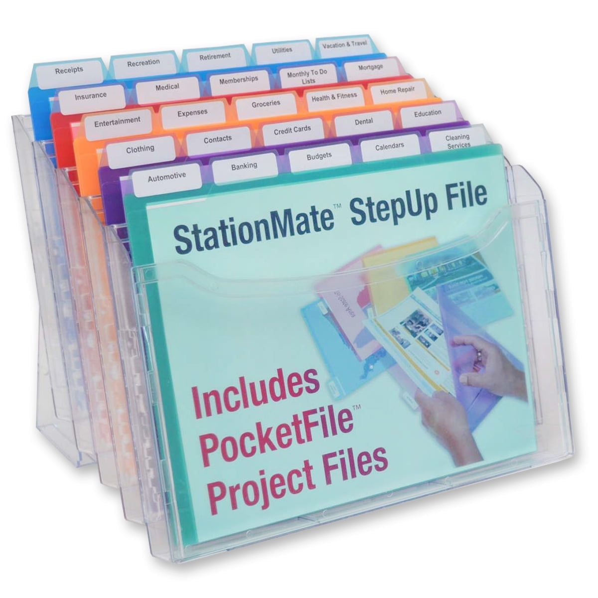 Clear Polystyrene StepUp File Organizer with 25 Multicolor PocketFiles