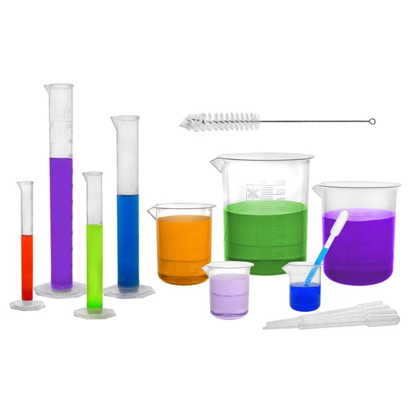 Ultimate Plastics Kit - 15 Piece Science Lab Set - Includes 5 Polypropylene Beakers, 4 Polypropylene Measuring Cylinders, 5 Disposable LDPE Pipettes & Nylon Cleaning Brush - Eisco Labs