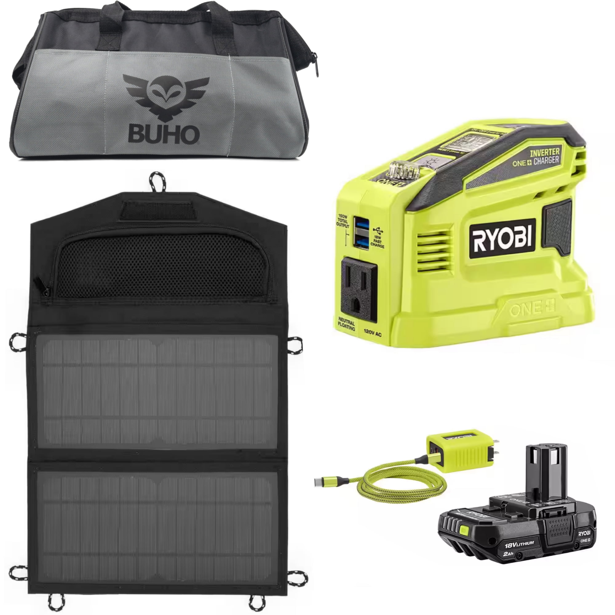 Ultimate Portable Power Bundle with Ryobi 150W Battery Source, Solar Panel, and 16" BUHO Tool Bag - Reliable Power Anywhere, Anytime