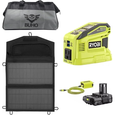 Ultimate Portable Power Bundle with Ryobi 150W Battery Source, Solar Panel, and 16" BUHO Tool Bag - Reliable Power Anywhere, Anytime
